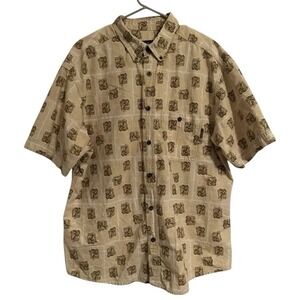 Woolrich Mens Short Sleeve Button‎ Down Shirt British Tan Deer Print Outdoors XL